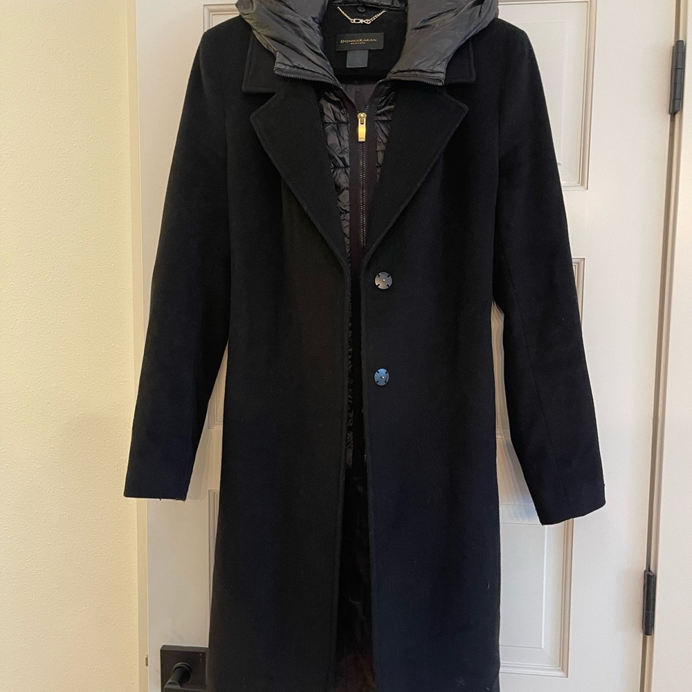 Donna Karan Black Wool Trench Coat with Removable Down Dickie Vest w/ Hoody